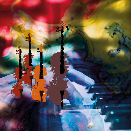 a graphic including drawn violins